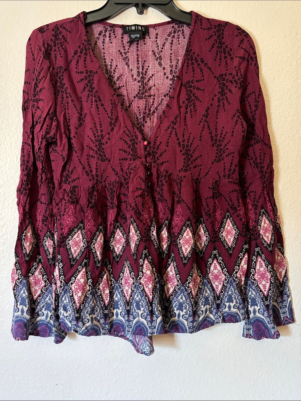 Timing Boho Peasant Blouse Burgundy Red Blue Diamond Paisley Print, Size M